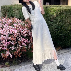 Small Fragrant Summer New Short-sleeved Holiday Style Midi Dress Gentle French White Temperament Tassel Women Long Dresses 1298