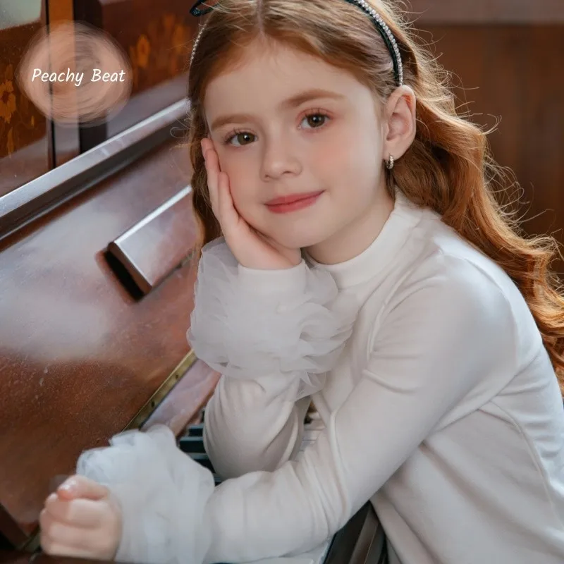 

Baby Girl Princess Cotton Pullover Shirt Ruffled Tulle Long Sleeve Toddler Child Solid Top Spring Autumn Baby Clothes 2-12Y