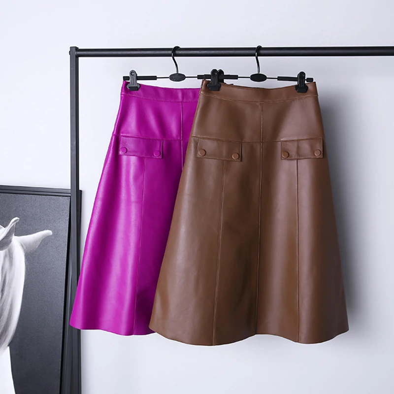 Leather skirts Autumn and Winter Orchid Purple High Waist Big Swing Bag Cover Lambskin Casual Versatile Knee-Length Jupe Femme