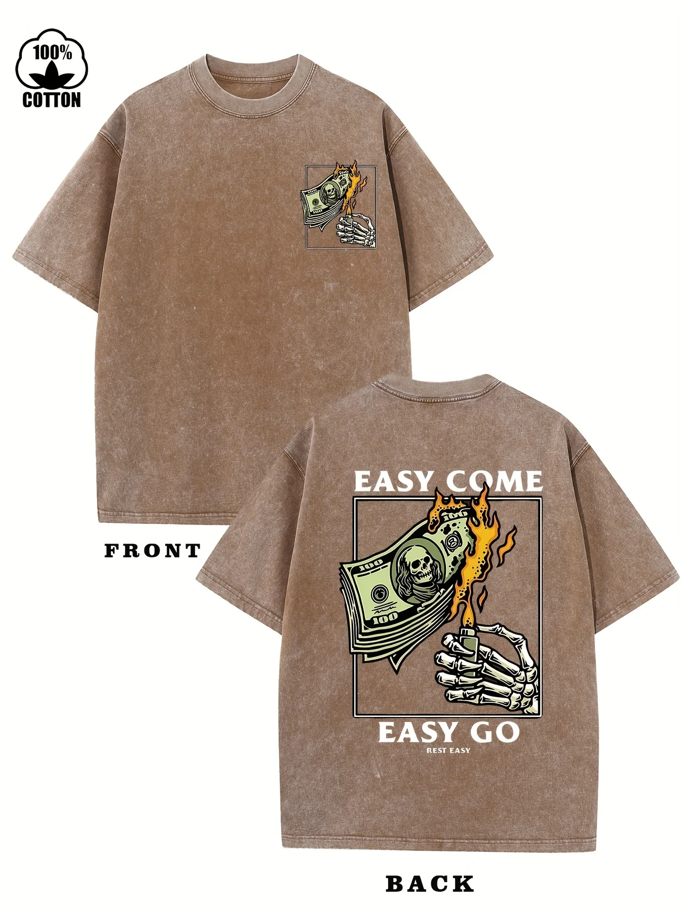 

Skull and cash pattern double-sided printing, retro washed cotton men's T-shirt, short sleeved top streetwear