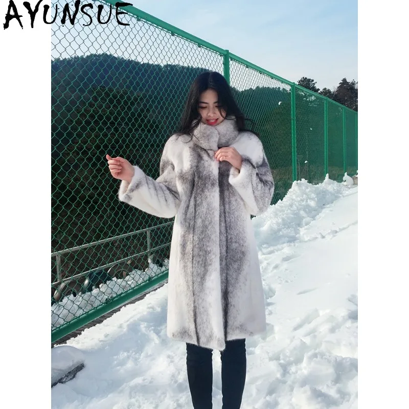 AYUNSUE 밍크 퍼 코트 여성 중간 길이 겨울 코트 여성용 고품질 우아한 패션 의류 여성용 겨울 자스 다메스