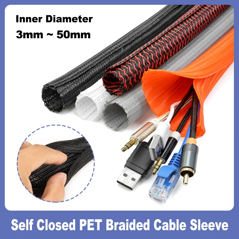 3 ~ 50mm Expandable Sleeve Self Closing Braided PET Insulation Cable Sock Tube Loom Split For Line Organizer Wire Wrap Protector