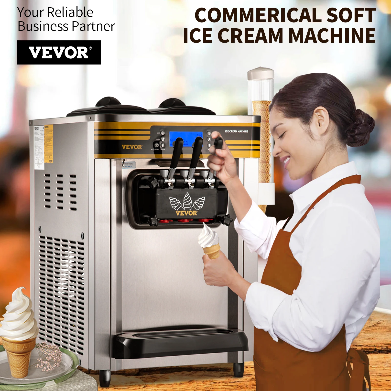 VEVOR 22-30L/H Soft Ice Cream Maker Commercial Countertop Tricolor 2+1 Flavors Sweet Cones Freezing Equipment Vending Machine