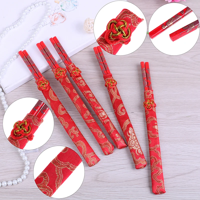 1 Pair Red Double Happiness Chopsticks Dragon and Phoenix Bamboo Chopsticks