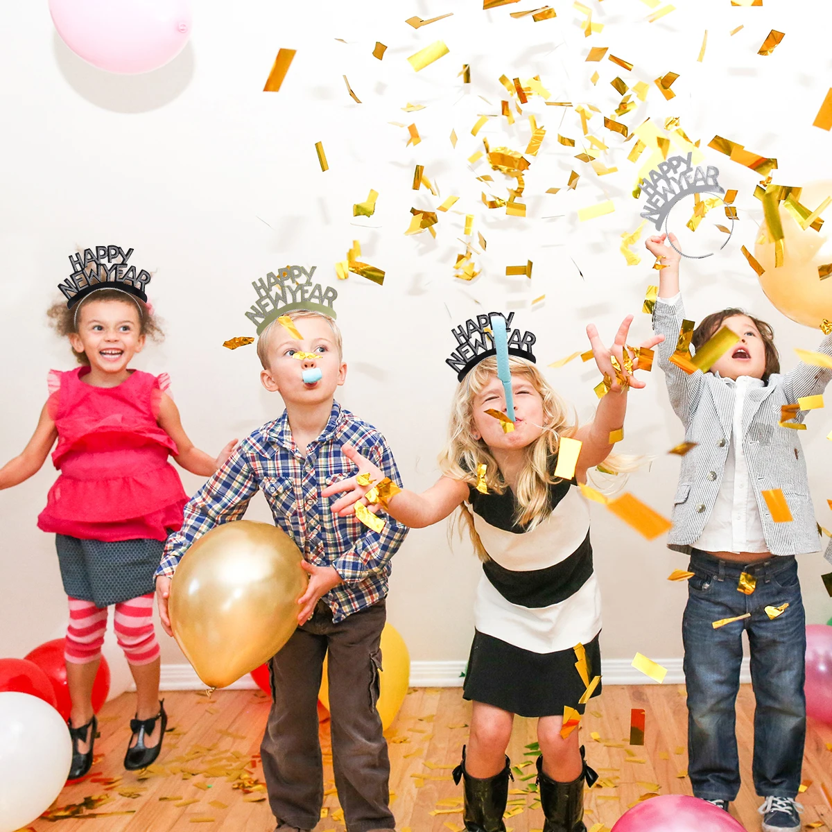 

12pcs Aluminum Foil Headbands New Year Hair Hoops Lightweight Kids Ornaments Sparkling Gold Holiday Party Decorations Happy