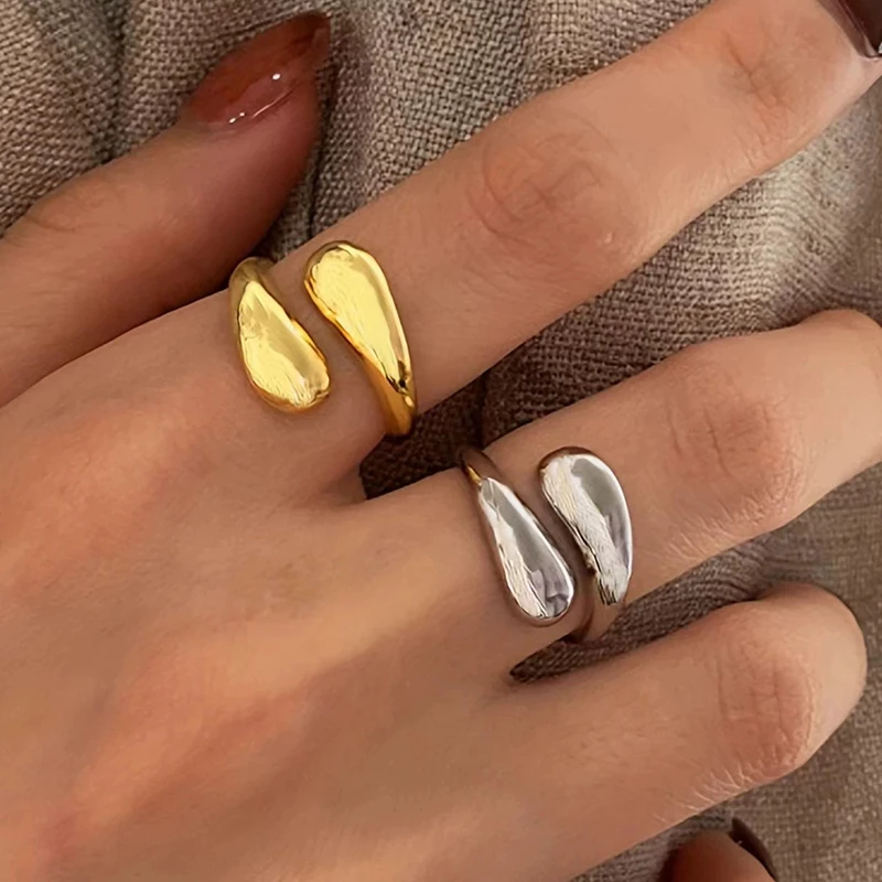 حلقة مفتوحة هندسية مجوفة للنساء بسيطة على شكل دمعة قابلة للتعديل، خاتم إصبع السبابة، مجوهرات عصرية غير رسمية متعددة الاستخدامات، هدية قابلة للتكديس #1