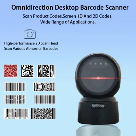1D 2D QR Code Omnidirectional Desktop Wired Scanner Hands-Free Automatic Sense Reader No Driver Required for Immediate Use