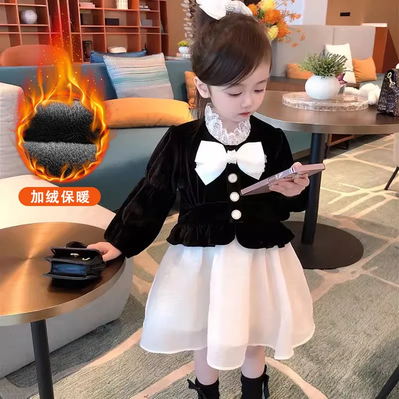 

Girls' Autumn Winter New Dress Stylish Children's Clothing Little Girl Fleece Lined Dress Princess Dress Children's Baby Girl Cl