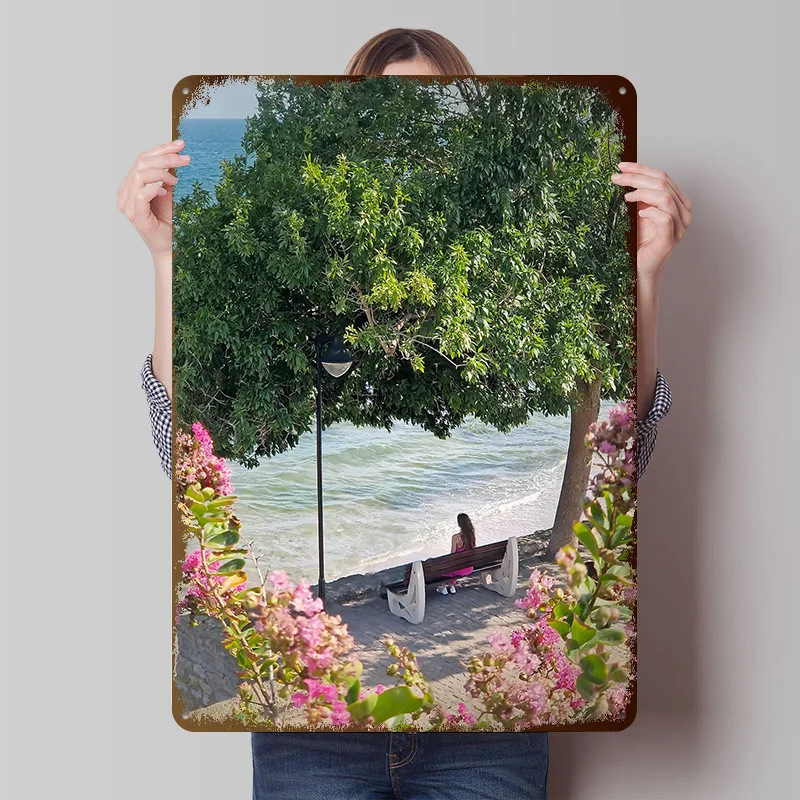Woman on Bench By the Sea Printing Poster Customized Retro Wall Art Vintage Metal Signs for Room Desk Decor Decoration Gaming