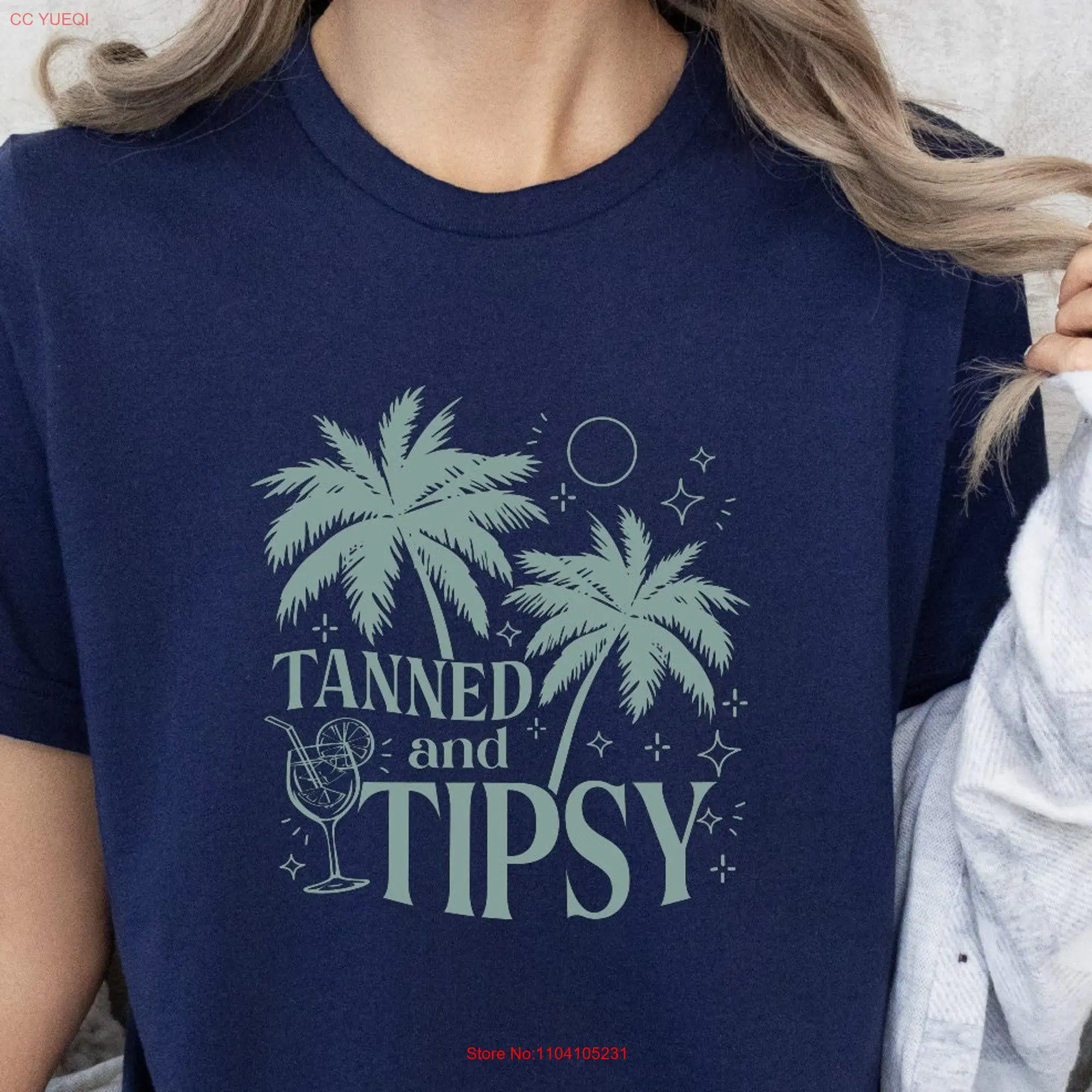 Tanned and Tipsy T Shirt Palm Tree Summer Vacation Beach Drinking Holiday Cruise Girls Trip long or short sleeves