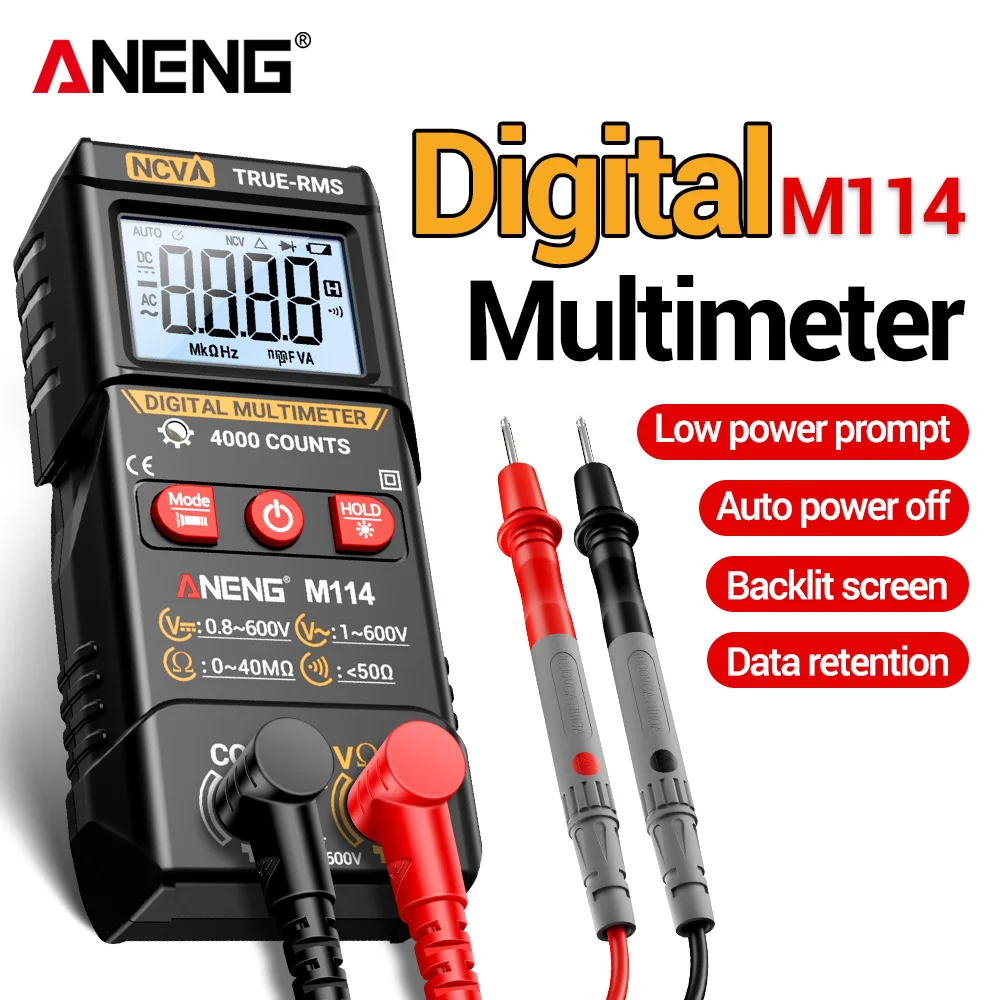 

Профессиональный цифровой мультиметр-тестер постоянного/переменного тока, сопротивление NCV, автоматическая подсветка, яркий экран, зуммер, обнаружение ANENG M114