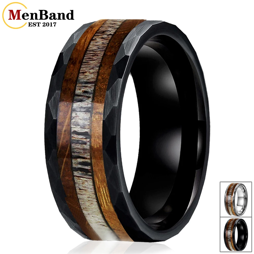 Hammered Tungsten Engagement Wedding Rings For Men Women With Whiskey Barrel Oak Wood And Deer Antler Inlay 8MM Comfort Fit