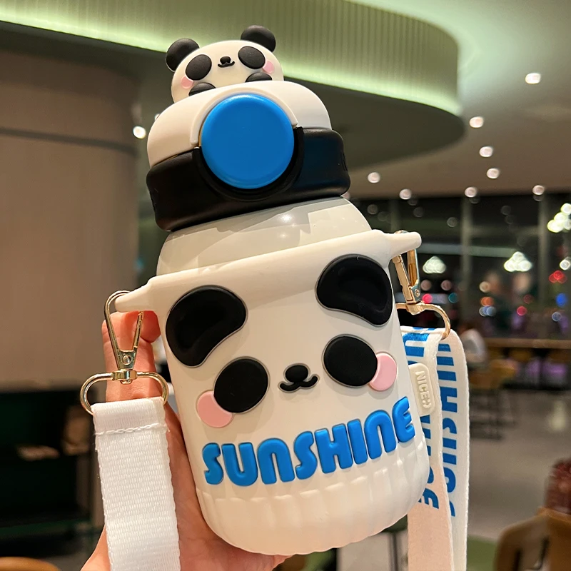 Cute Panda Stainless Steel Water Bottle For Children Girl 550ml Thermal Coffee Milk Tea Bottle Hot Cold Water Thermos With Straw