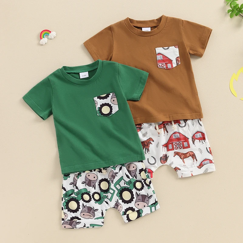 

2024-04-03 Lioraitiin 3M-3Y Summer Baby Boy Outfits Short Sleeve T-Shirt + Truck Print Shorts Set Infant Clothes 2Pcs