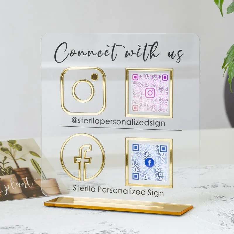 Custom 4 Icons Business Social Media QR Code Sign Beauty Studio Scan to Pay Acrylic Signs Instagram FB Scanning QR Code Plates