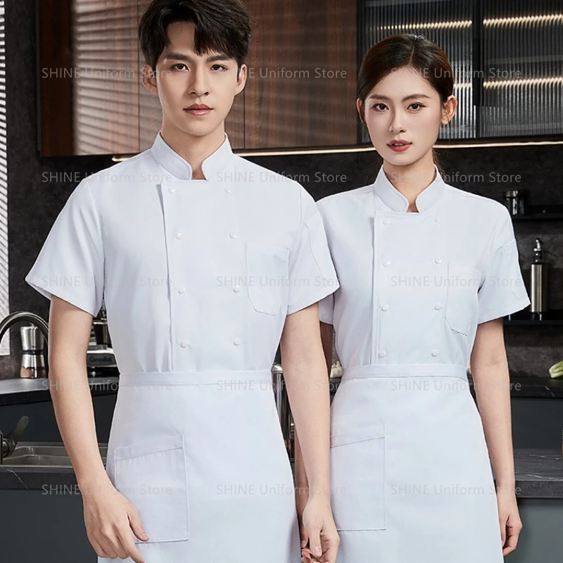 Veste de Chef d'hôtel, manteau de cuisine, tablier, uniforme de Chef à manches courtes pour hommes, manteau de Chef d'été noir avec Logo, vêtements de Restaurant