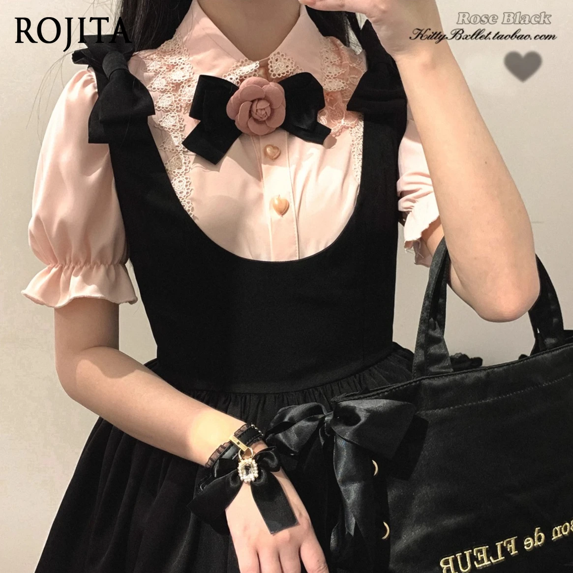 

Japanese Style Sweet Lace Top Shirt Short Sleeve Heart Button Puff Sleeve Chiffon Blouse Tops Women 2025 Womens Tops