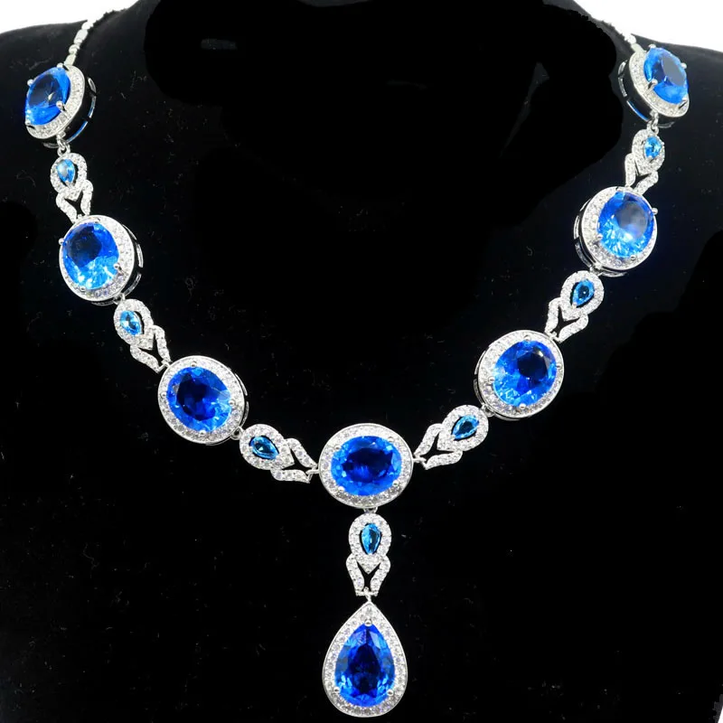 48x16mm Eye Catching created Green Peridot Swiss Blue Topaz Purple Spinel CZ Woman's Dating Silver plated Necklace 18-19.0inch