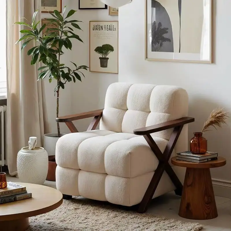 

Medieval single sofa living room home bedroom balcony leisure sofa designer solid wood sugar cube single chair