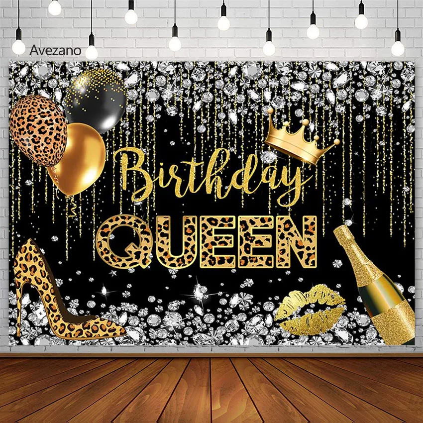 Avezano Black and Gold Backdrop Queen Birthday High Heels Champagne Diamond Woman Party Potography Background Studio Photozone