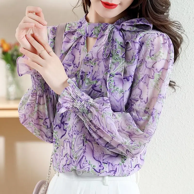 Korean Elegant Women\'s Long Sleeve Printed Chiffon Blouse Fashion Loose Round Neck Lace Up Shirt Spring Autumn Female Clothing