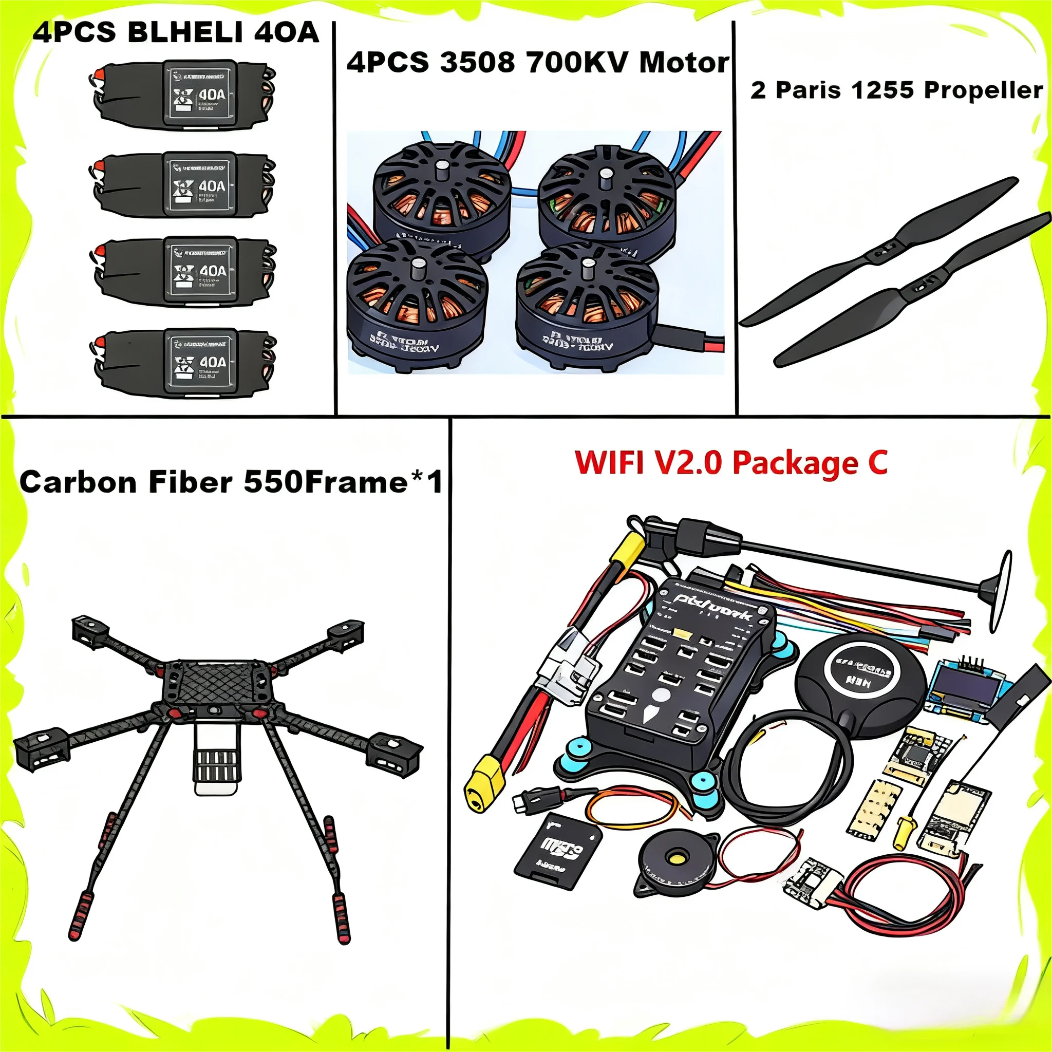 

F550 Hexa Frame PIXHAWK2.4.8 M8N Flight Control Carbon Ardupilot Radio Telemetry Quadcopter BLHELI 40A 3508 700KVMotor ESC