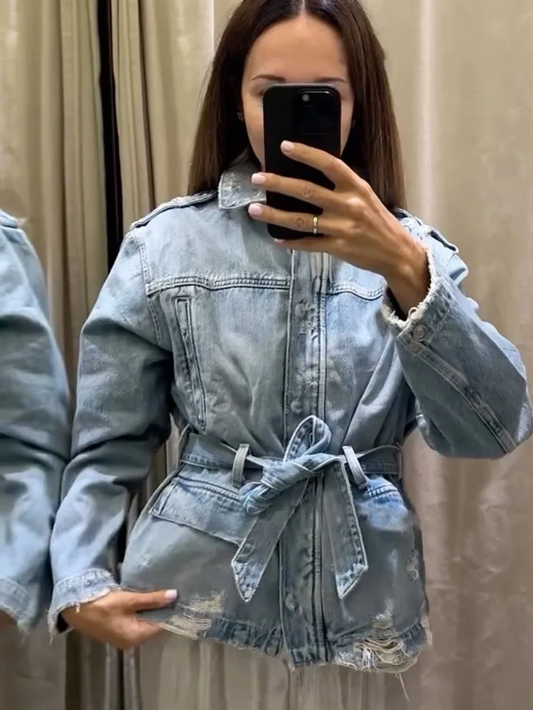 Hh mulheres outono vintage denim jaqueta feminina moda mangas compridas lapela com bolsos com cinto causal solto estilo de rua casacos