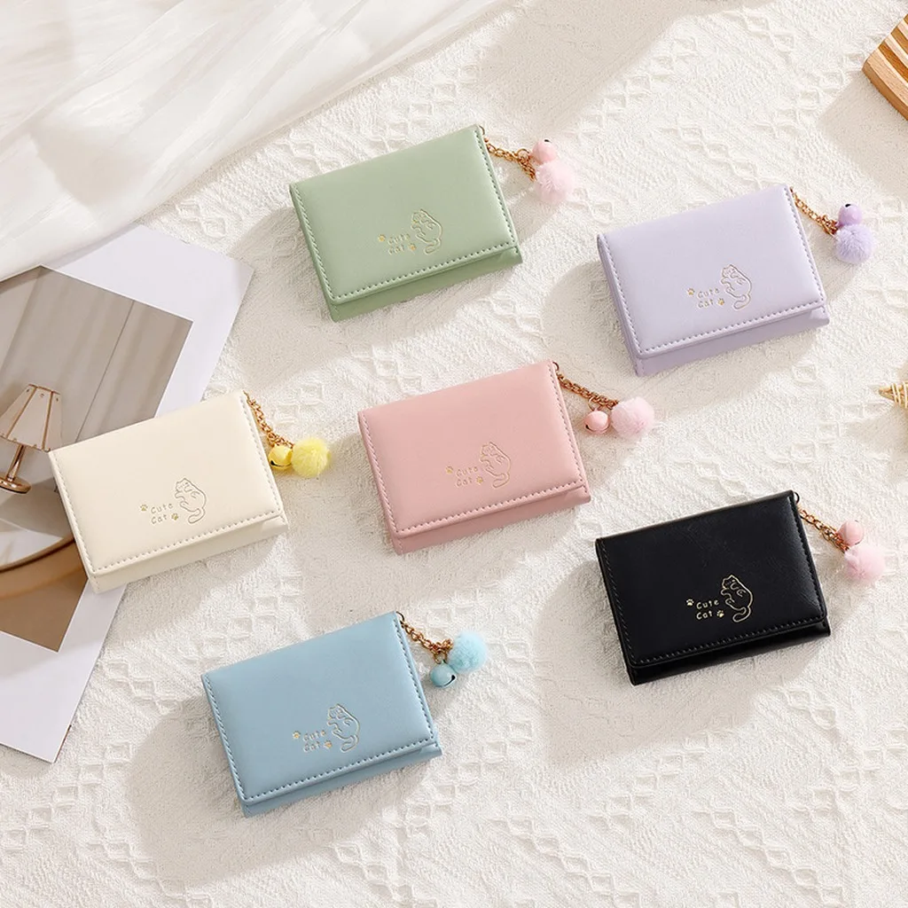 Cute Cat Pattern PU Leather Tri-fold Wallet Women's Short Purse with Fur Ball Large Capacity Multi-Card Case Portable Coin Purse