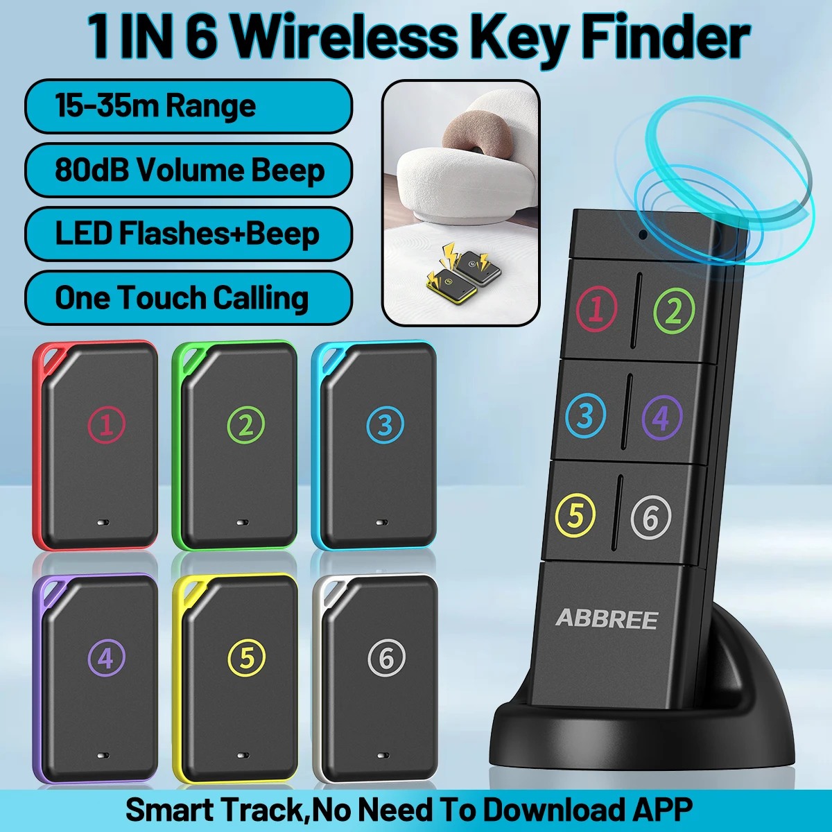 ABBREE 1 IN 6 Wireless Key Finder One Touch Calling Key Locator Anti-loss Devices Pet Backpack Wallet Tracker Remote Control