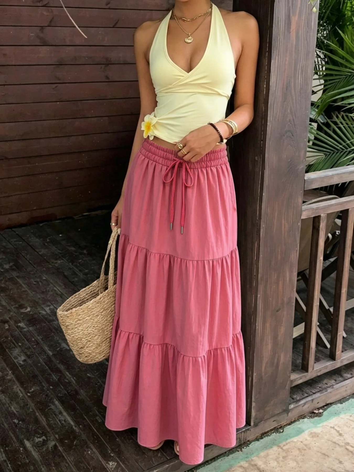 Damen-Maxirock mit Stufen, elastischem Kordelzug, hoher Taille, Rüschen, fließendem A-Linien-Schnitt, langer Rock, lässiger Boho-Strand-Sommerrock für Frauen – Detail 6