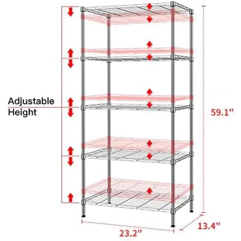 5-poziomowa regulowana półka do przechowywania Metalowy stojak do przechowywania Regał druciany Półki do przechowywania Metalowe o pojemności 660