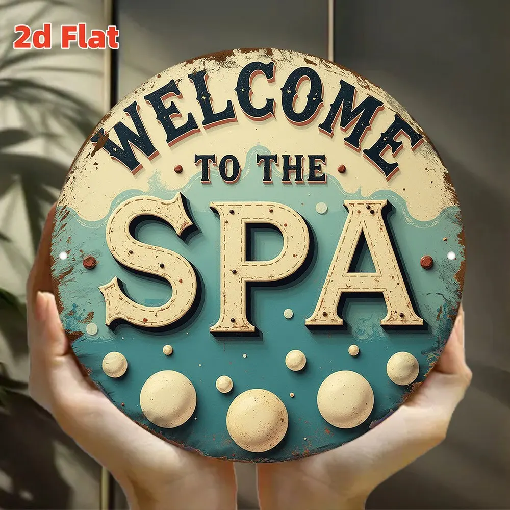 2D Flat" Willkommen im Spa" |   Friedlicher Gruß |   Wandkunstschild aus Metall mit Spa-Thema – Blechschild aus Aluminium – geeignet für Spa-Clubs