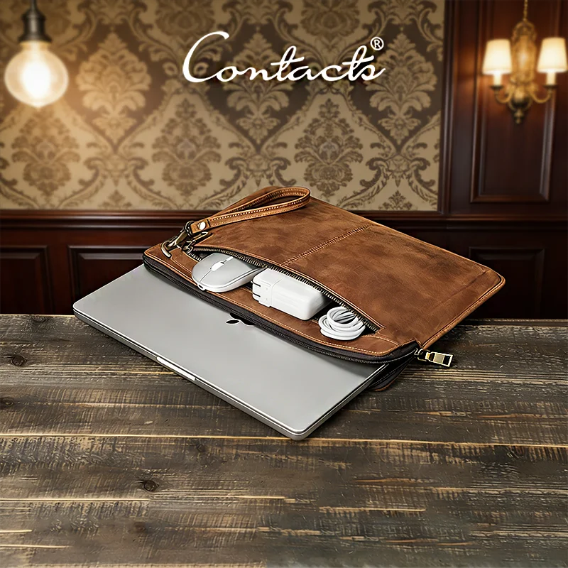 CONTACT'S Genuine Leather Laptop Case Macbook Pro 14.2 Inch Tablet Handbag Daily Office Businesses Gift Laptop Bags