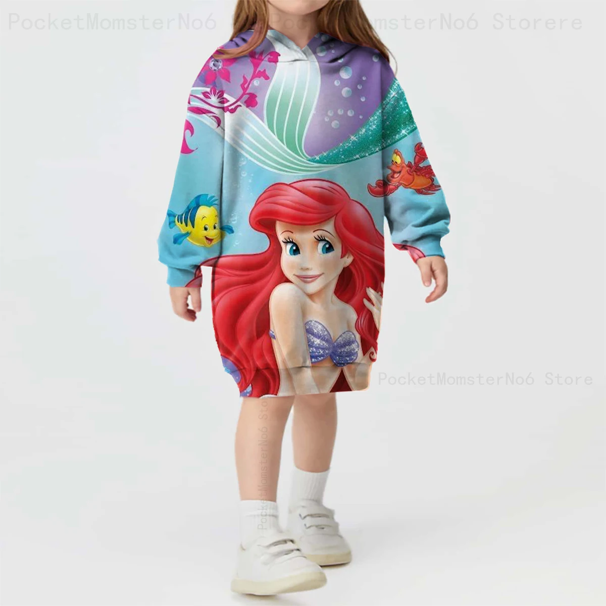 Disney Mermaid Ariel Princess Print Long Sleeve Hooded Pullover Girls Cosplay Cartoon Character Sweater