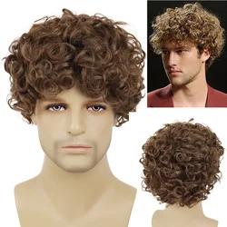 GNIMEGIL Men Wigs Natural Hairstyle Synthetic Fiber Short Brown Wig with Bangs Curly Wig Cosplay Carnival Halloween Costume Wig