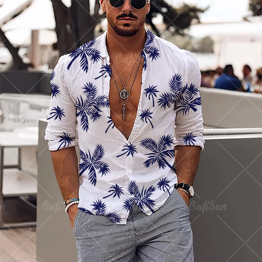 2022 3d Coconut Tree Print Hawaiian Shirts Streetwear New Male Clothes Loose Tops Shirt Men Men's Long Sleeve Shirts Lapel Shirt