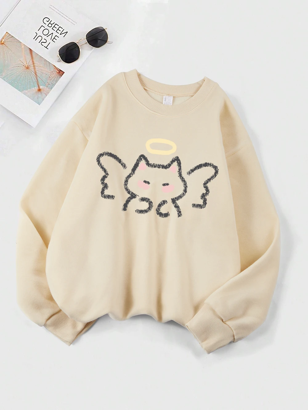 Sudaderas con estampado de bocetos de gato y Ángel para mujer, sudaderas básicas con cuello redondo, Jersey cálido de lana holgado, ropa cómoda de invierno para mujer