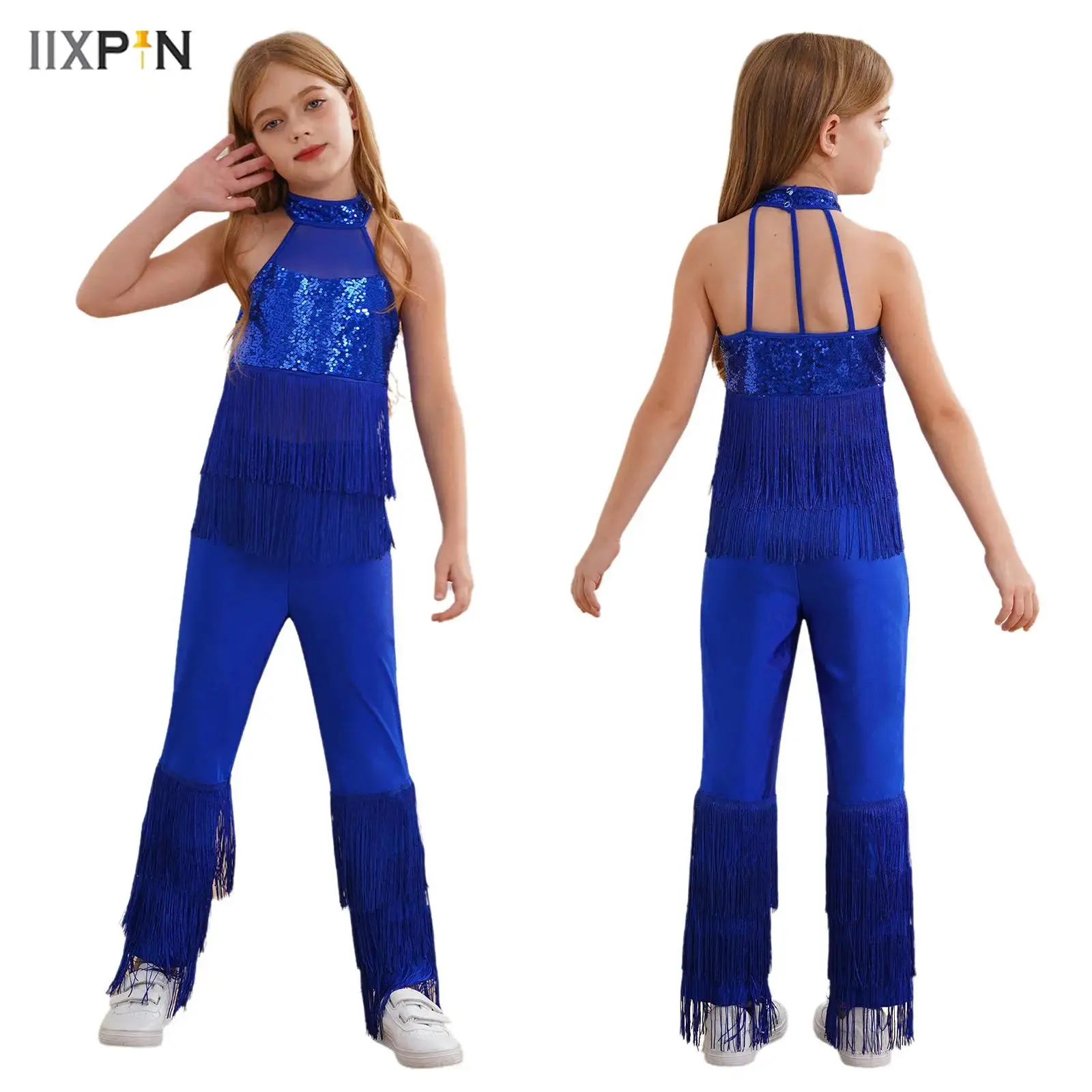 

Kids Girls Sequins Tiered Tassels Jazz Latin Dance Jumpsuit Halter Sleeveless Backless Sheer Mesh Patchwork Fringed Bodysuit