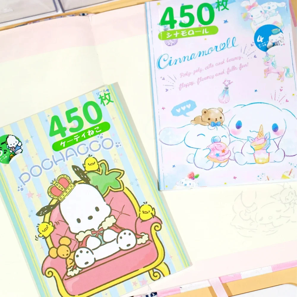 450 buah buku stiker Sanrio kartun Kawaii Kuromi Hello Kitty Melody Goka stiker kartu dekorasi akun tangan untuk hadiah anak perempuan