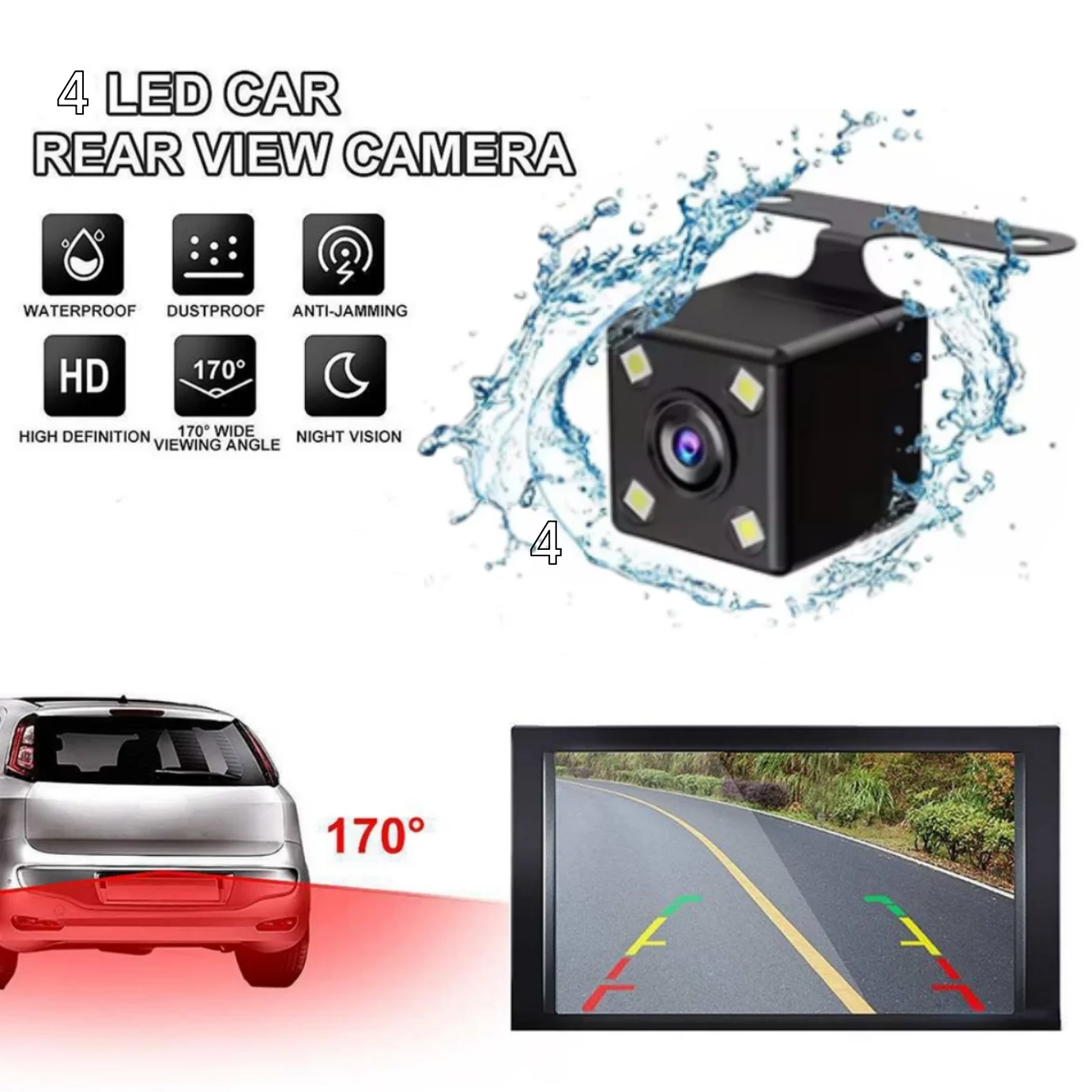 4 pin Car Rear View Camera 170° Wide Angle Reverse Parking Camera 720P HD Color Night Vision Waterproof CCD Auto Backup Monitor