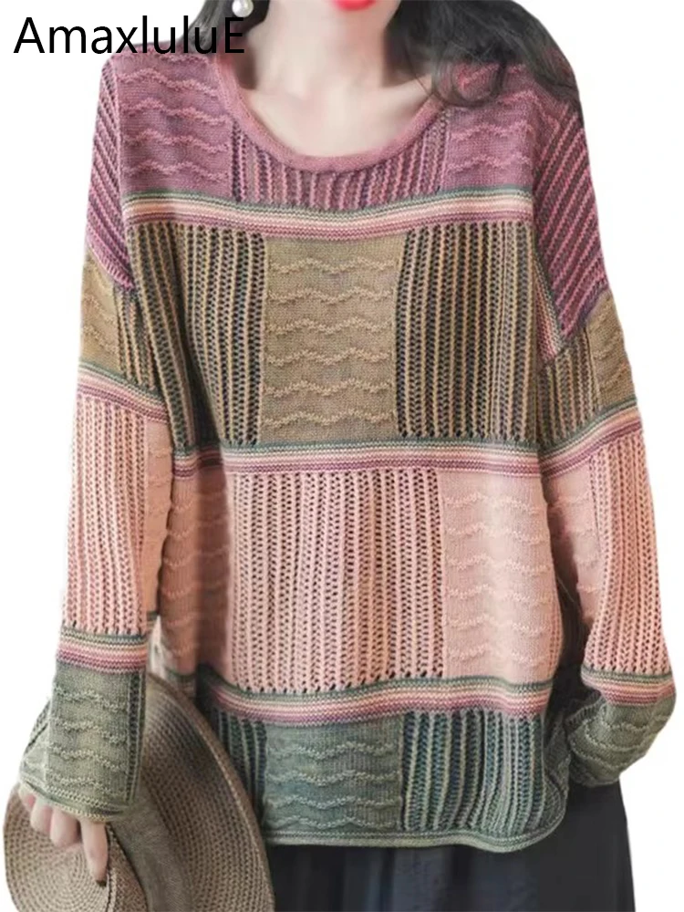 

Amax luluE 2025 Autumn Women Pullover Luxury Knitwear Fashion Loose Striped Big Size Sweaters Ladies Casual Elegant Warm Jumpers