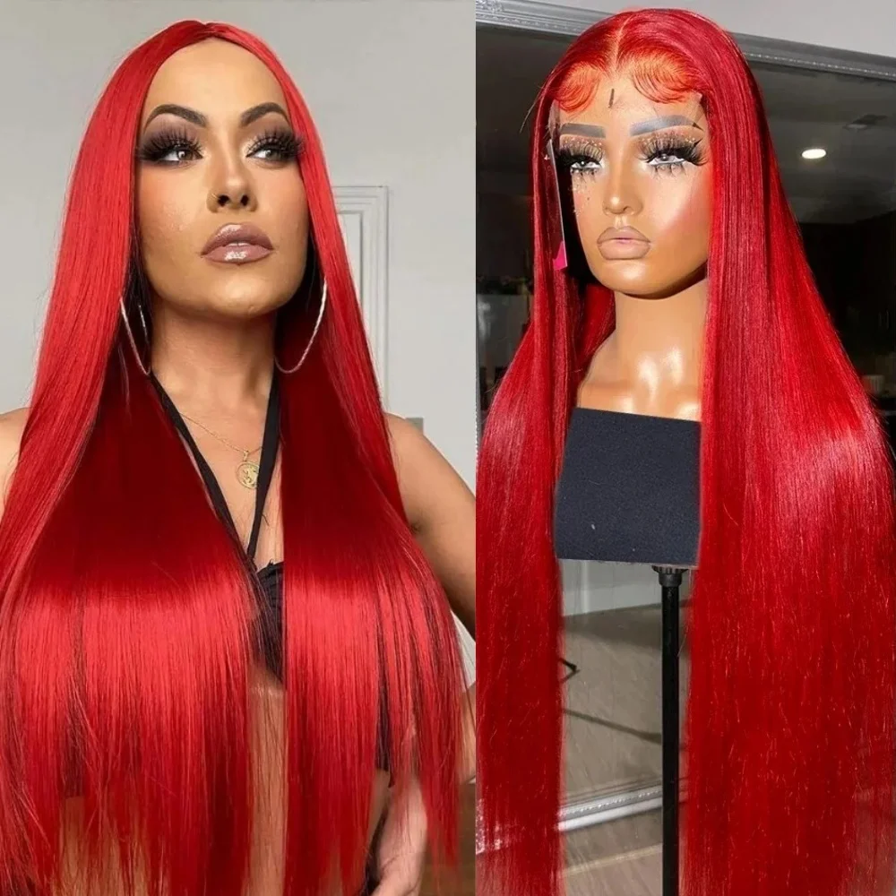 

30, 36, 40 дюймов, 13x4, прямые парики с кружевной передней частью, ярко-красные, с HD-прозрачным кружевом, бразильские волосы, предварительно выщипанные, для женщин