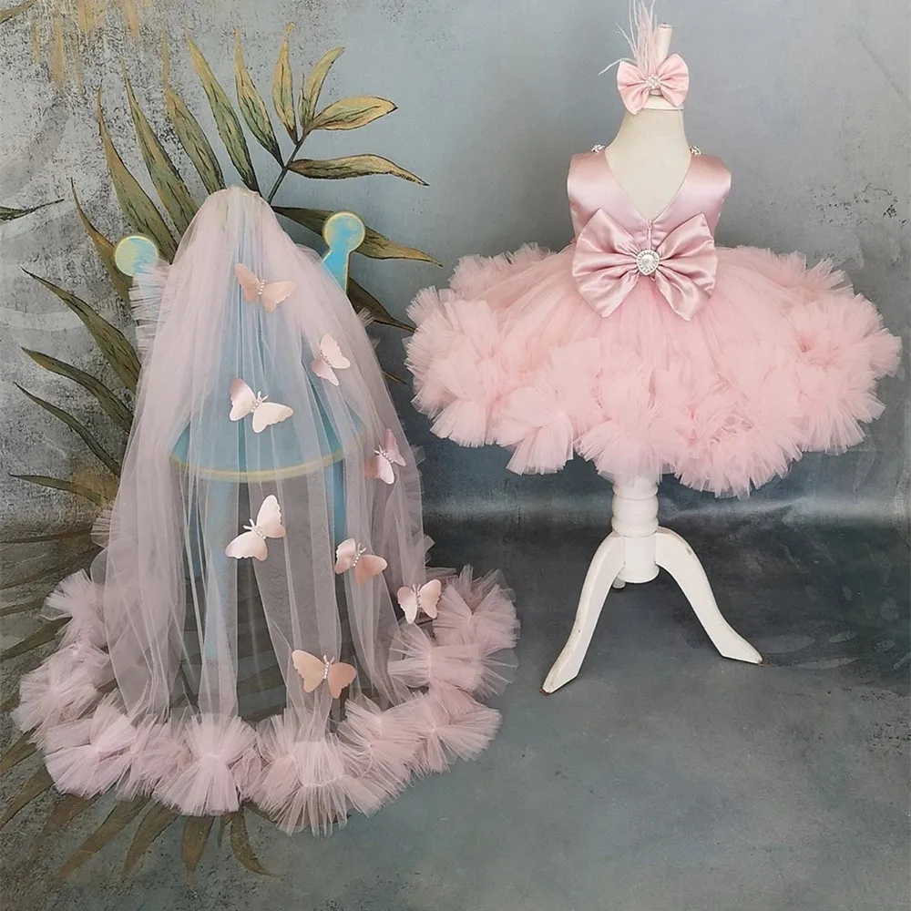 Vestido rosa de flores para niña, traje de tul con diamantes de imitación, mariposa hinchada, fiesta de cumpleaños, boda, vestido de baile con volantes, bata de desfile para niño