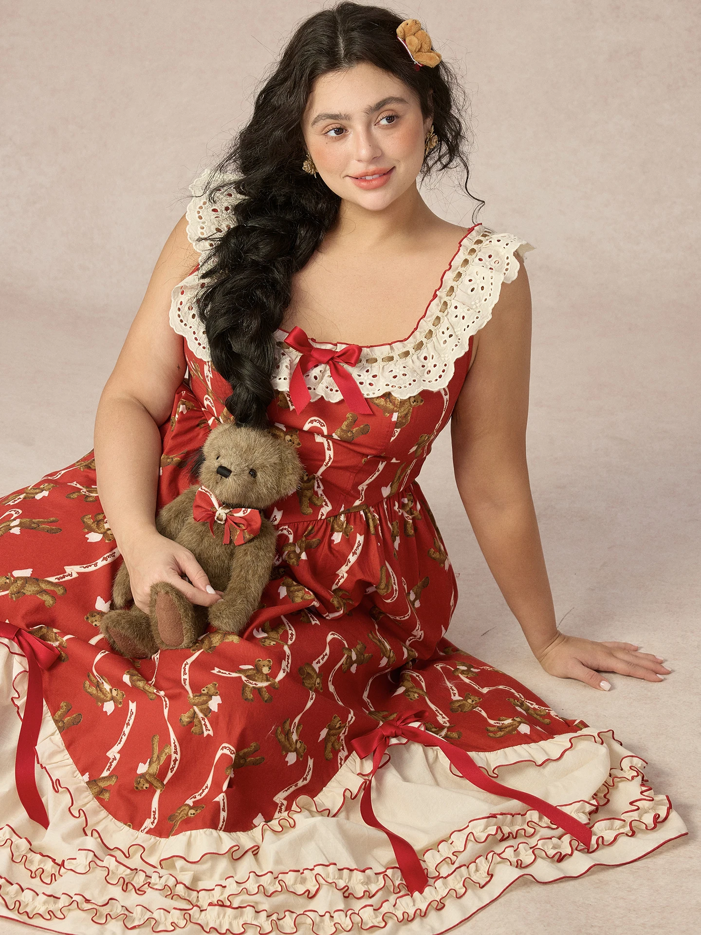 

Красная юбка-миди в стиле французского кантри с принтом Bear ato Sauce, большие размеры, женская одежда, А-силуэт