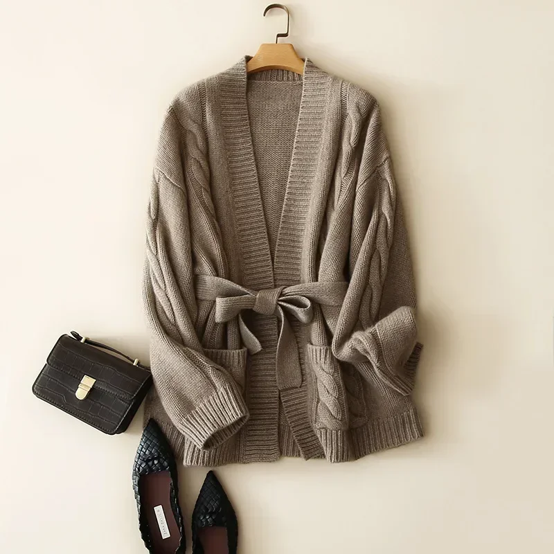 winter luxury 8 ply 100% cashmere cardigan coat women fashion knitwear cable knitted v neck thick warm sweater with belt