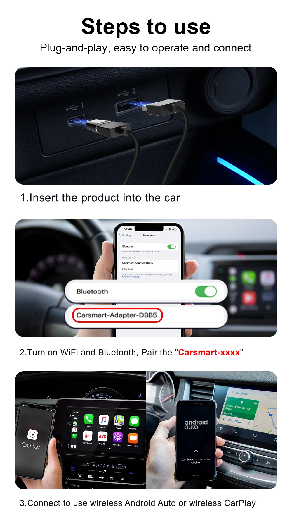 IHeylinkit Kabelloser CarPlay Android Auto Adapter 2-in-1 Smart Mini Box Plug-and-Play WiFi Schnellverbindung Universell für 98% der Automodelle – Detail 9