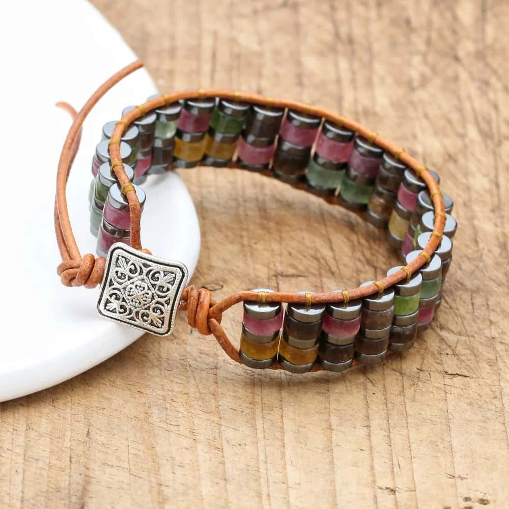 Hematite & Tourmaline Bohemian Braided Leather Bracelet Grounding & Protection Stones Unisex Handmade Jewelry Gift