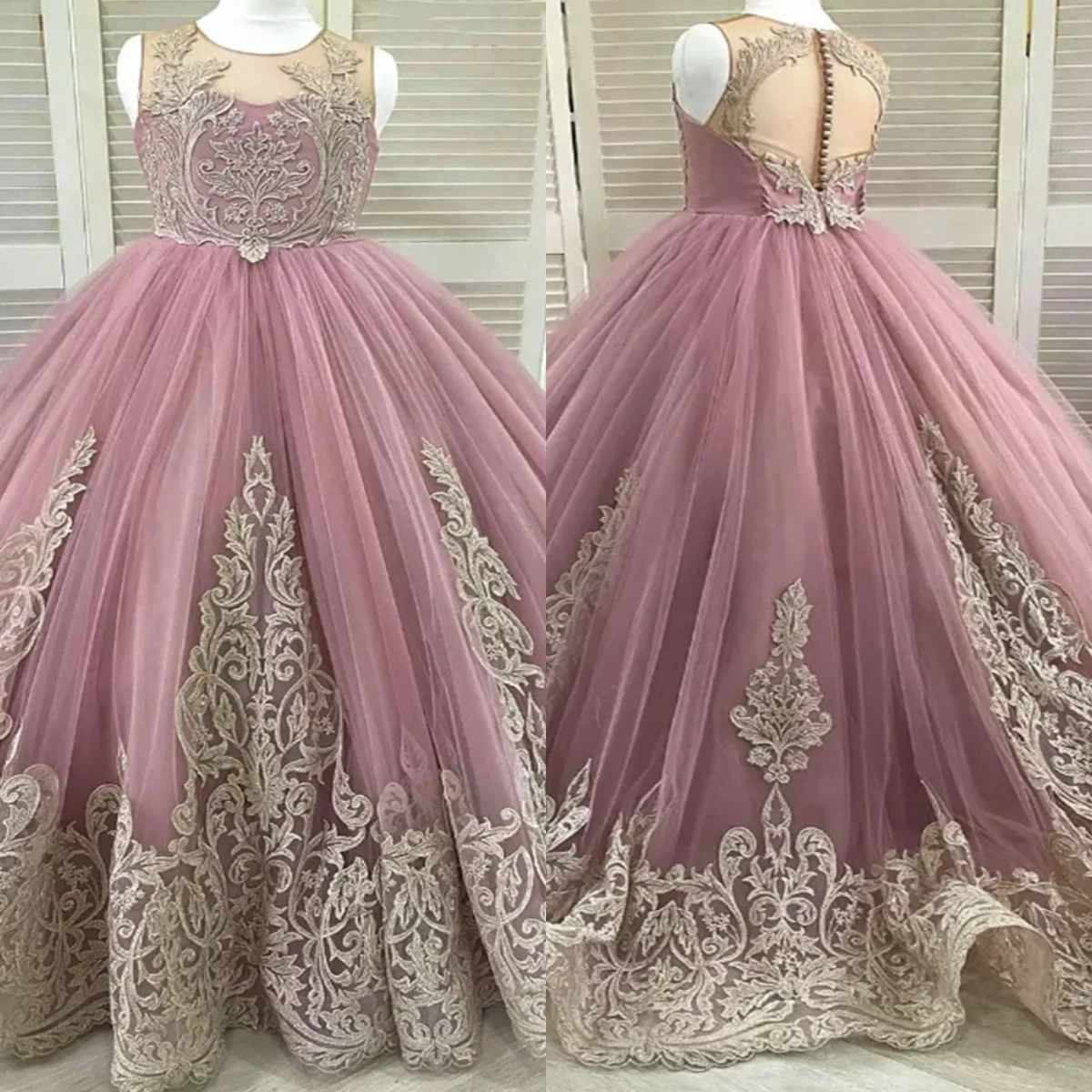 

Dusty Pink Flower Girl Dress Golden Lace Kids Wedding Dress Puffy Sleeveless Floor Length Dress Birthday Dress for Princess