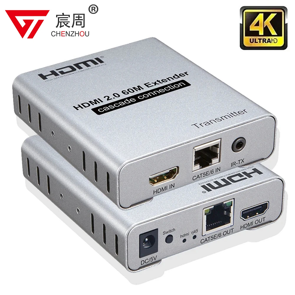 4K 60HZ HDMI Extender Over Cat6/7 RJ45 Ethernet Cable to 60M HDMI 2.0 Cascade Connection Extender Support HDR YUV 4:4:4 HDCP2.2