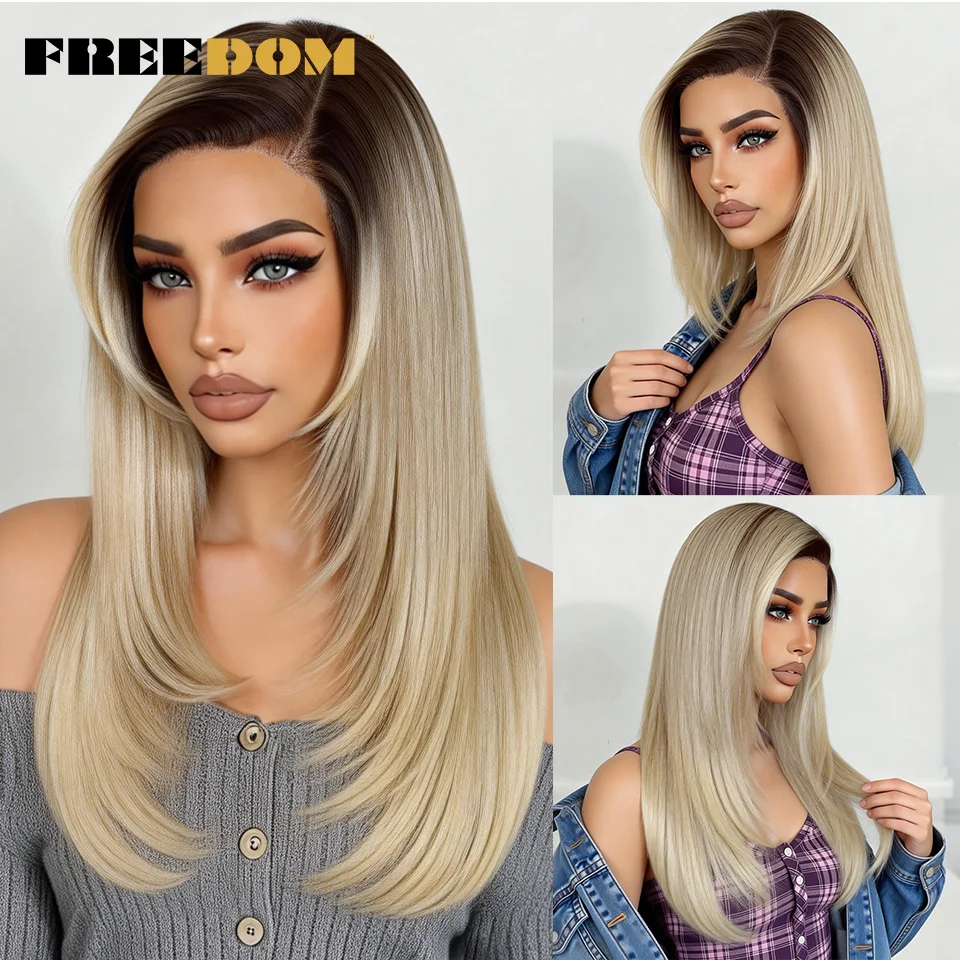 Synthetic Lace Wigs For Women 18 Inch Side Part Pre Plucked Straight Layered Lace Wig Ombre Brown Blonde Pre-cut Daily Use Wig
